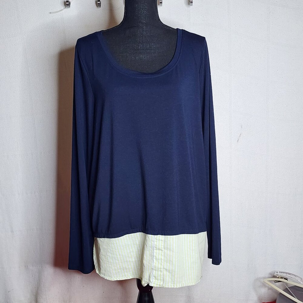 Lane Bryant Layer Look Blue Poly Rayon Span Trim Yellow Stripe Cotton Top 14/16